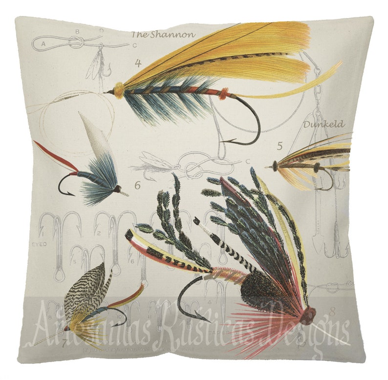 Fishing Flies Pillow Cover 100 Cotton Canvas & Burlap Vintage Etsy