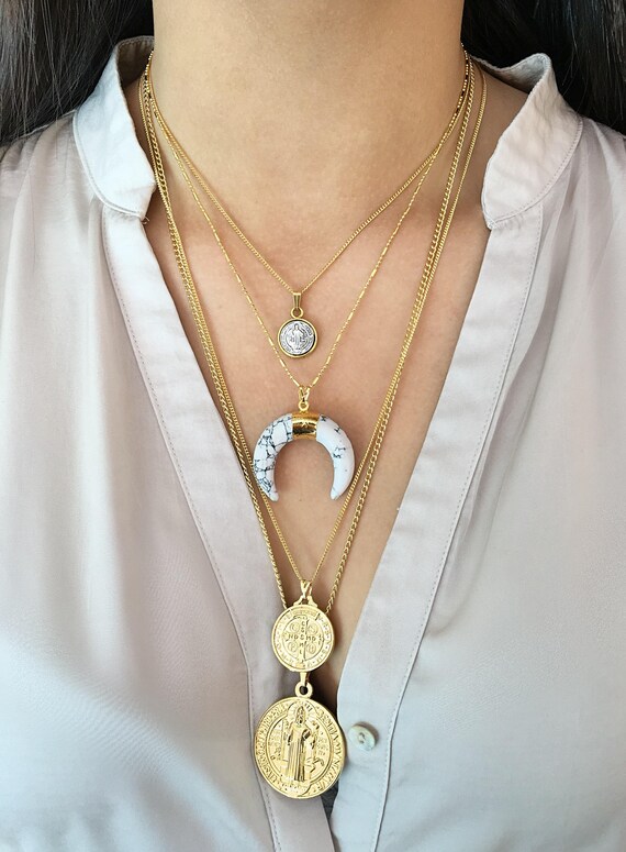 Gold Horn Necklace White Half Moon Image 0