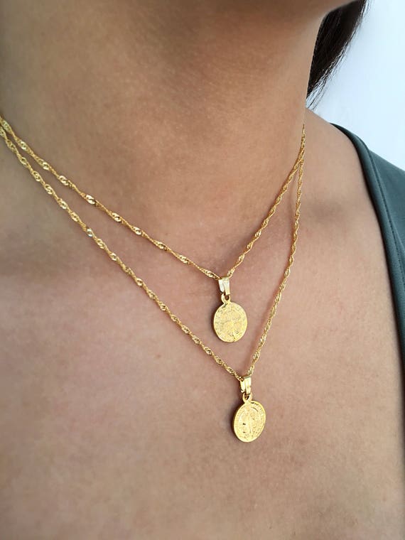 Tiny Gold Medallion Necklace Set Saint