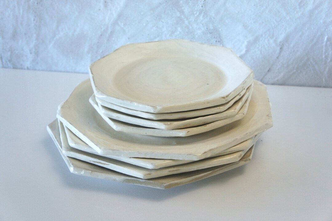 White Geometric Japandi Dinnerware Octagon Ceramic Plate Pottery