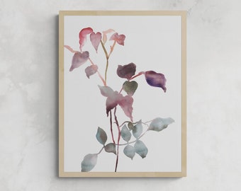 Rose Branches & Leaves . Botanical Watercolor Painting . Minimalist Modern Giclee Print on Paper or Canvas with Ready to Hang Framed Option