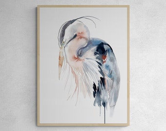 Heron No. 10 . Expressive Heron Bird Watercolor Painting . Minimalist Giclee Print on Paper or Canvas with Ready to Hang Framed Option