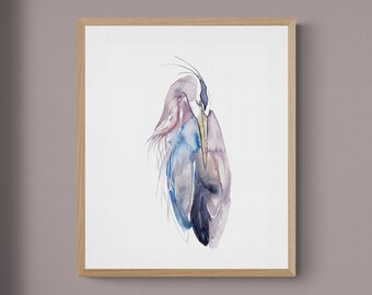 Heron No. 17 . Expressive Heron Bird Watercolor Painting . Minimalist Giclee Print on Paper or Canvas with Ready to Hang Framed Option