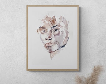 Mend No. 8 . Expressive Portrait Watercolor Painting . Minimalist Giclee Print on Paper or Canvas with Ready to Hang Framed Option
