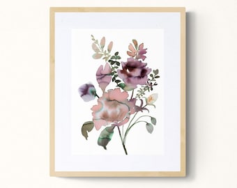 Floral No. 32 . Botanical Flowers Ink Painting . Floral Bouquet . Minimal Giclee Print on Paper or Canvas with Ready to Hang Framed Option