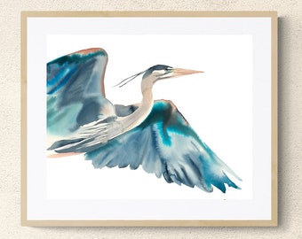 Heron No. 28 . Original Watercolor Flying Bird Painting . Expressive Minimalist Modern Wildlife