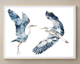 Herons in Flight . Original Watercolor Painting of Flying Birds . Expressive Minimalist Modern Wildlife