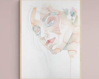 Innate . Expressive Portrait Watercolor Painting . Minimalist Modern Giclee Print on Paper or Canvas with Ready to Hang Framed Option