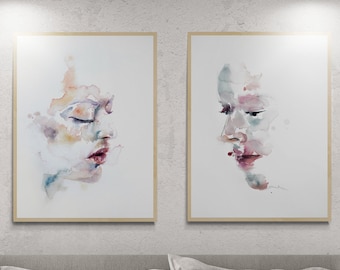 Set of 2 Giclee Prints . Pair of Expressive Abstract Portraits . Watercolor Paintings on Paper or Canvas with Ready to Hang Framed Option