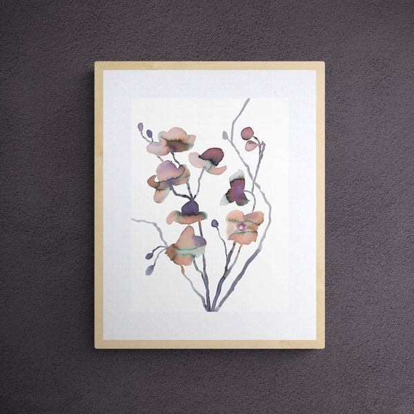 Orchids . Botanical Flowers Ink Painting . Floral Branches . Minimal Giclee Print on Paper or Canvas with Ready to Hang Framed Option