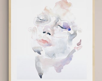 Delicate . Expressive Portrait Watercolor Painting . Minimalist Modern Giclee Print on Paper or Canvas with Ready to Hang Framed Option