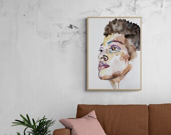 Mend No. 6 . Expressive Portrait Watercolor Painting . Minimalist Giclee Print on Paper or Canvas with Ready to Hang Framed Option