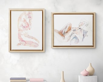 Set of 2 Giclee Prints . Pair of Nude Figures . Minimalist Watercolor Paintings on Paper or Canvas with Ready to Hang Framed Option