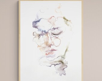 Just a Vapor . Expressive Portrait Watercolor Painting . Minimalist Modern Giclee Print on Paper or Canvas with Ready to Hang Framed Option