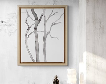 Barren No. 16 . Black & White Tree Ink Painting . Minimalist Modern Giclee Print on Paper or Canvas with Ready to Hang Framed Option