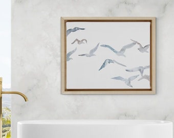 Winter Geese No. 2 . Minimalist Flying Birds Watercolor Painting . Giclee Print on Paper or Canvas with Ready to Hang Framed Option