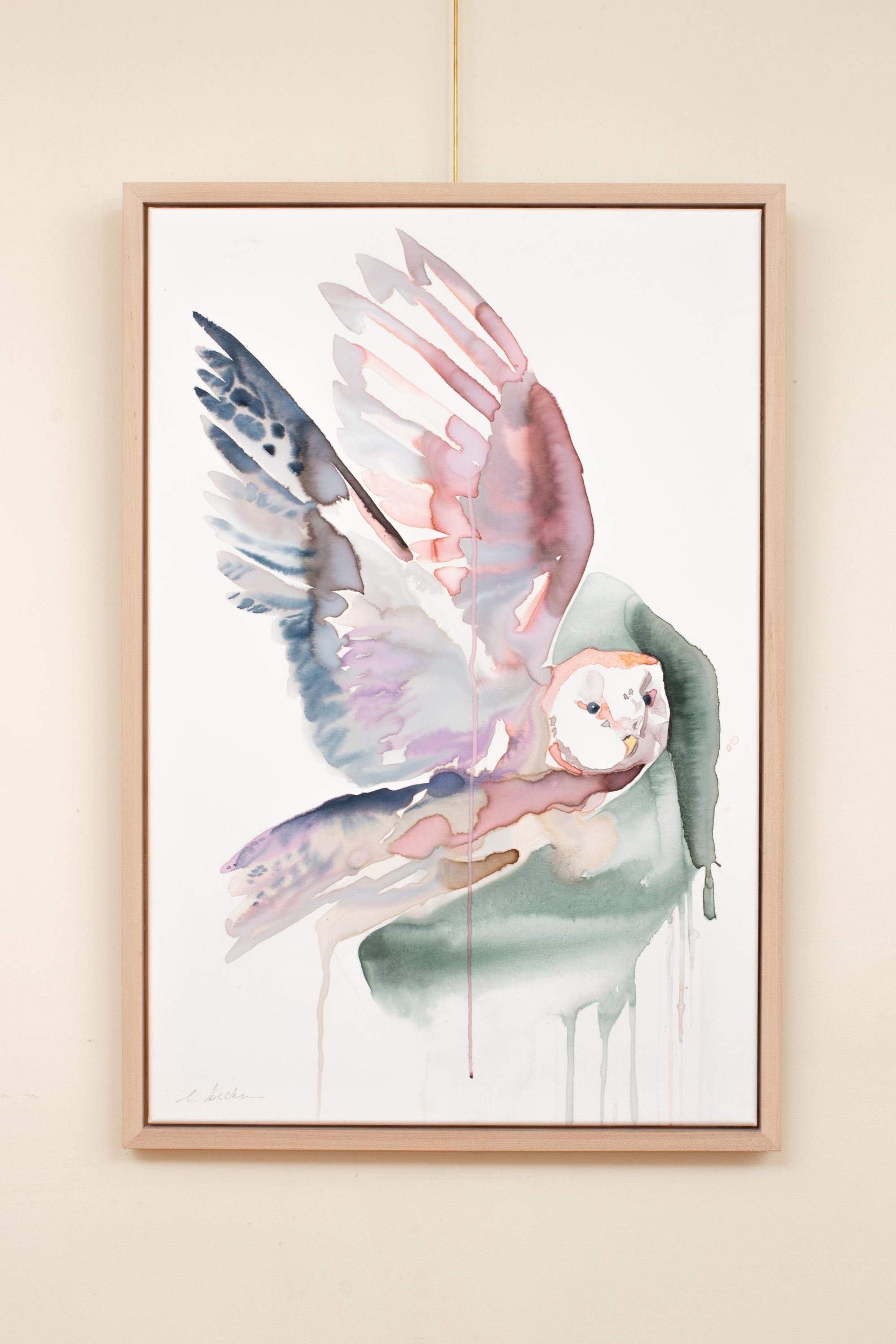 Flying Owl . Expressive Minimalist Modern Watercolor Painting . Woodland Animal Giclee Print on Pape