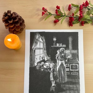 Art print, charcoal drawing, Woman in Kitchen, LIMITED!