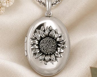 Medaglione portafoto con girasole in argento sterling, collana con fiore, medaglione commemorativo personalizzato, regalo con girasole per lei SFTX3-V