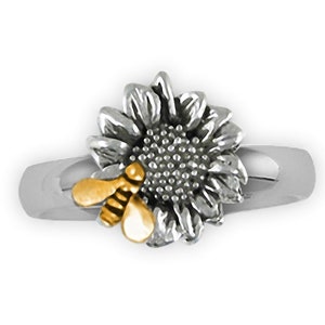 Sunflower Jewelry Silver And 14k Gold Handmade Sunflower With Bee Ring  SFTX1-BER