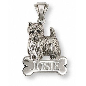May include: Sterling silver pendant featuring a detailed West Highland White Terrier dog standing on a bone with the name "JOSIE" engraved on it.