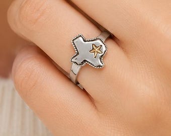 State Of Texas Ring, Sterling Silver Texas Ring, 14K Gold Vermeil Star Ring, Handmade Texas Jewelry TX17-R