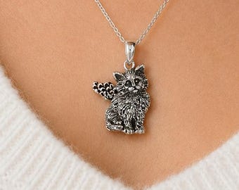 Colgante de ángel gato de plata de ley, collar de gato tridimensional hecho a mano, regalo de joyería conmemorativa para amantes de los gatos MN8-AP