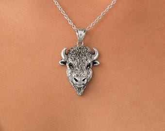 Buffalo Pendant Sterling Silver, Handmade Buffalo Necklace, Dimensional Bison Jewelry Gift BUF5-P