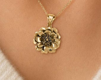 Marigold Pendant 14K Gold Vermeil, Handmade October Birth Flower Necklace, Marigold Jewelry Gift MRG1-PVM