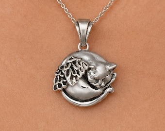 Colgante de ángel gato, colgante de gato ángel de plata de ley, dije de collar conmemorativo de gato hecho a mano CT52-AP