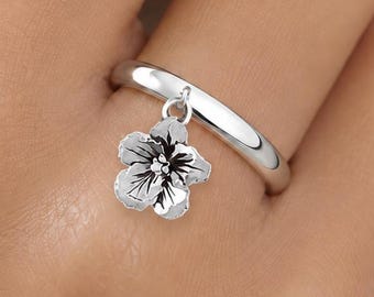 Hibiscus Ring Sterling Silver, Handmade Tropical Flower Jewelry, Dimensional Botanical Charm Ring, Hawaiian Flower Gift for Women HIB3X-CR