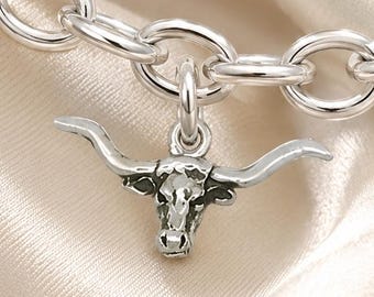 Longhorn Charm, Sterling Silver Texas Longhorn Bracelet Charm, Western Cow Skull Charm, Texas Ranch Jewelry Gift LN7-C