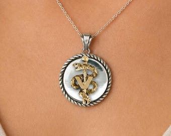 Colgante de caduceo veterinario de plata de ley con baño de oro de 14 quilates, collar de caduceo veterinario hecho a mano, regalo VCD2-TNPVM