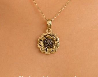 Marigold Pendant 14K Gold Vermeil, Handmade Marigold Flower Necklace, Marigold Jewelry Gift MRG3-PVM
