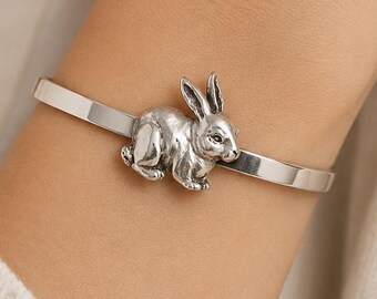 Bracciale con coniglio in argento sterling, bracciale rigido con coniglio fatto a mano, gioiello con coniglio, regalo per gli amanti dei conigli RA91X-CB