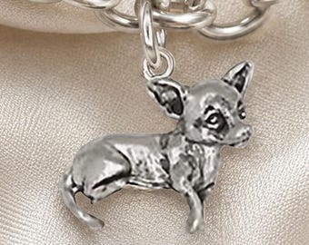 Chihuahua bedel sterlingzilver, handgemaakte chihuahua-hond bedel, kleine hond bedel sieraden, chihuahua sieraden cadeau CH40-C