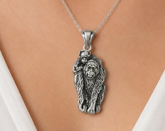 Orangutan and Baby Pendant, Sterling Silver Ape Necklace, Handmade Wildlife Jewelry Gift for Orangutan Lovers ONG-P