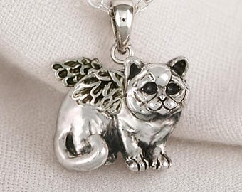 Cat Angel Pendant Sterling Silver, Winged Cat Necklace, Sitting Cat with Angel Wings, Detailed Feline Pendant Jewelry BRS5-AP