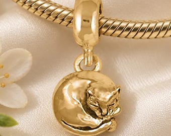 Cat Slide Charm 14K Yellow Gold Vermeil Bracelet Jewelry Handmade Feline Charm Gift for Cat Lovers and Cat Moms CT38-PNSVM