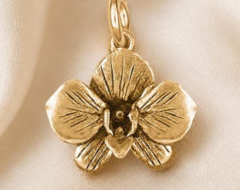 Orchid Charm 14K Gold, Handmade Gold Orchid Flower Charm Bracelet, Floral Jewelry Gift, Botanical Charm OR5-CG