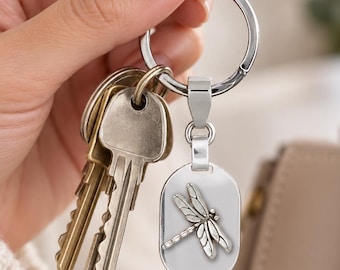Dragonfly Key Ring Sterling Silver, Engraved Dragonfly Keychain, Nature Lover Gift, Dragonfly Keepsake DY1-KRE
