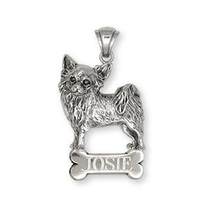 Colgante personalizado de plata de ley con diseño de chihuahua de pelo largo. Dijes y joyas para chihuahua de pelo largo CH55-NP