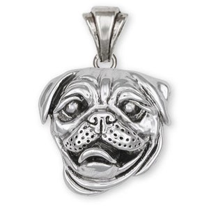 May include: A silver pug dog pendant. The pendant is a detailed representation of a pug's head, with visible wrinkles, eyes, and nose. It hangs from a small loop at the top, ready to be worn.