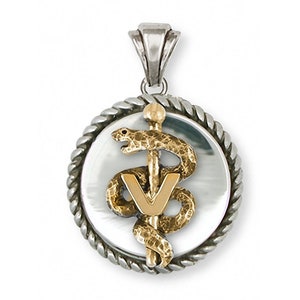 Veterinary Caduceus Jewelry Silver And 14k Gold Handmade Veterinary Caduceus Pendant  VCD2-TNP