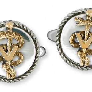 Veterinary Caduceus Jewelry Silver And 14k Gold Handmade Veterinary Caduceus Cufflinks  VCD2-TNCL