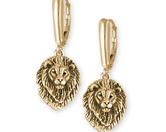 Lion Earrings, 14K Gold Vermeil Lion Head Leverback Earrings, Handmade Lion Jewelry LION5EVM