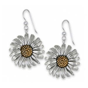May include: Silver daisy earrings with a gold center. The daisy petals are textured and the center is filled with small gold beads.