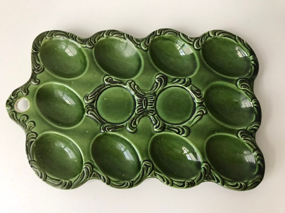 Vintage deviled egg platter Green ceramic tray serving Etsy
