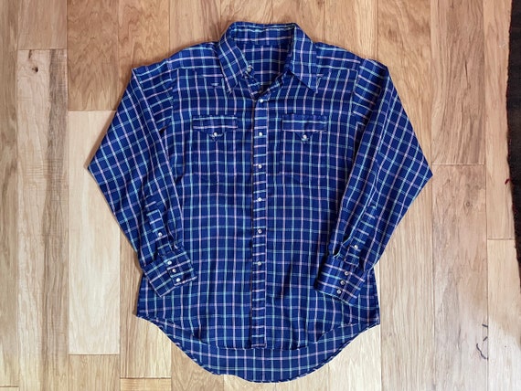 Vintage 70s Blue Pearl Snap Shirt Sheer 1970s Wes… - image 1