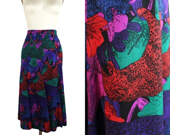 Jungle Cheetah & Floral Vintage Tulip Skirt Red Green Blue Purple Black size small